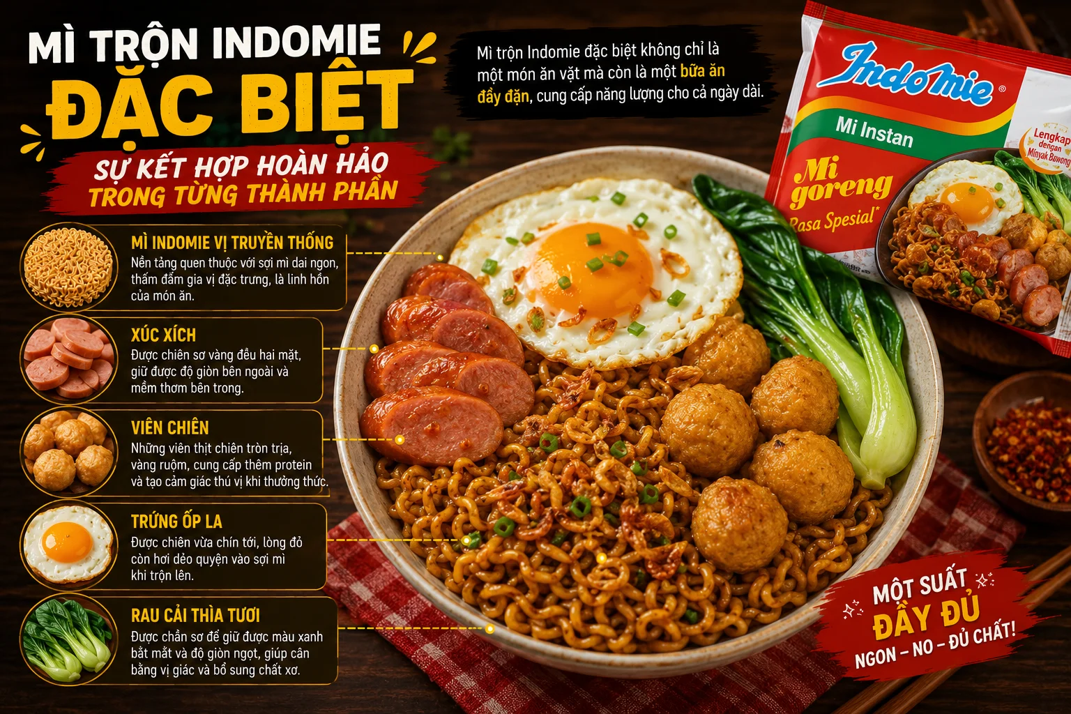 Mì trộn Indomie đặc biệt với xúc xích, viên chiên, trứng ốp la và rau cải thìa