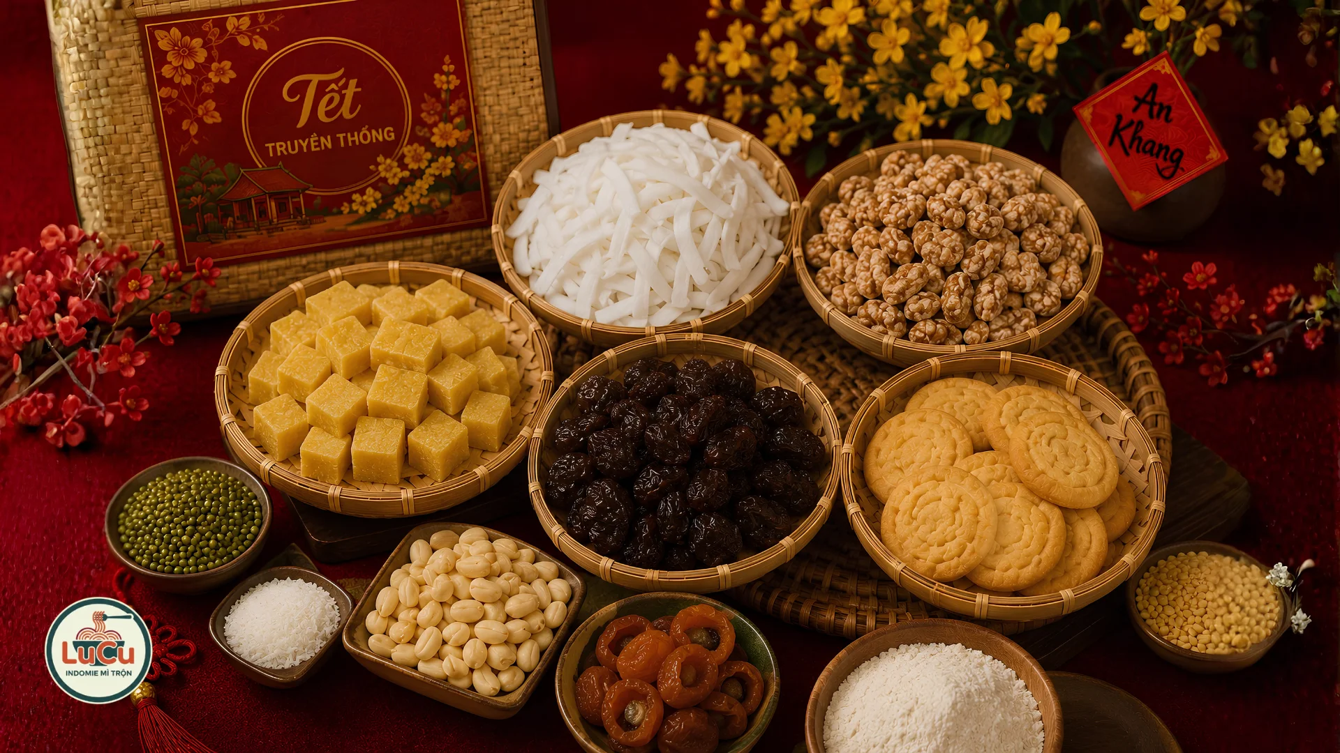 Set quà tết truyền thống với mứt dừa, kẹo lạc và bánh đậu xanh