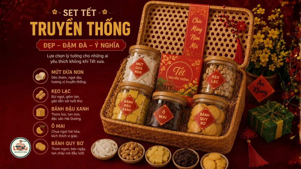 Set quà tết truyền thống kết hợp cùng hạt điều rang muối tốt cho sức khỏe