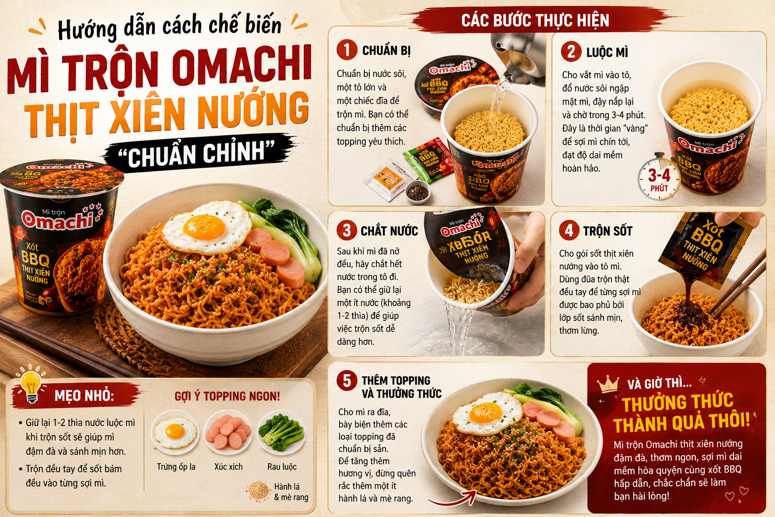 Các bước chế biến thùng mì trộn Omachi thịt xiên nướng đơn giản tại nhà
