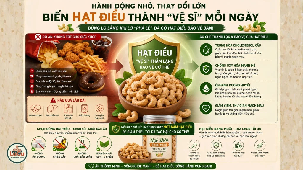 Hạt điều rang muối giúp thanh lọc tác hại của đồ ăn không tốt cho sức khỏe