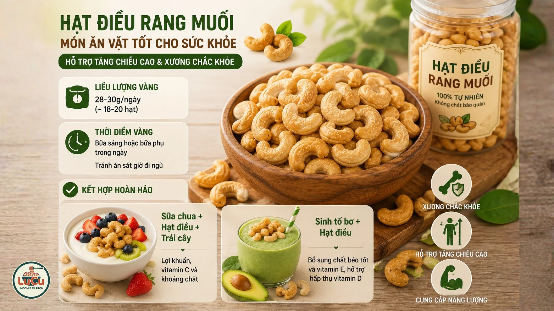 Hạt điều rang muối - món ăn vặt tốt cho sức khỏe và hỗ trợ tăng chiều cao