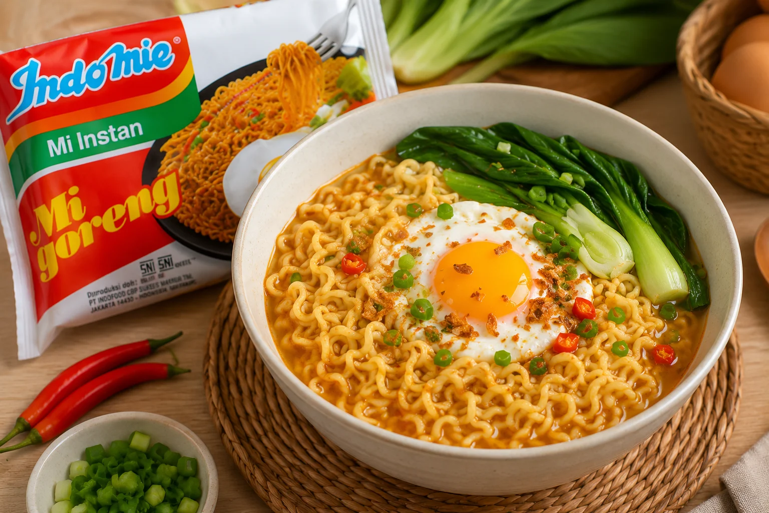 Tô mì Indomie vị truyền thống nấu với trứng và hành lá