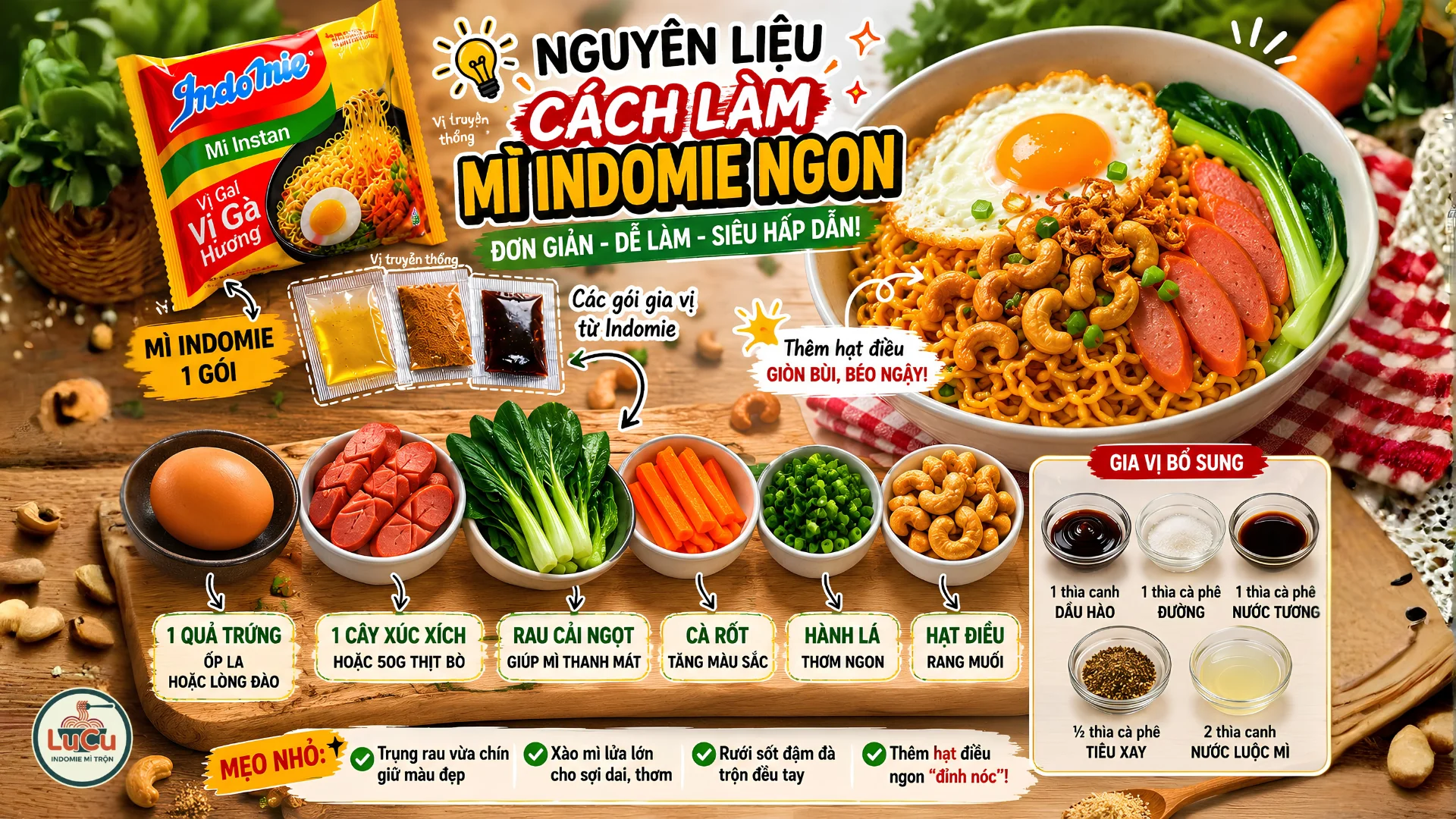 Nguyên liệu cách làm mì Indomie ngon gồm mì Indomie, trứng, xúc xích, rau và hạt điều