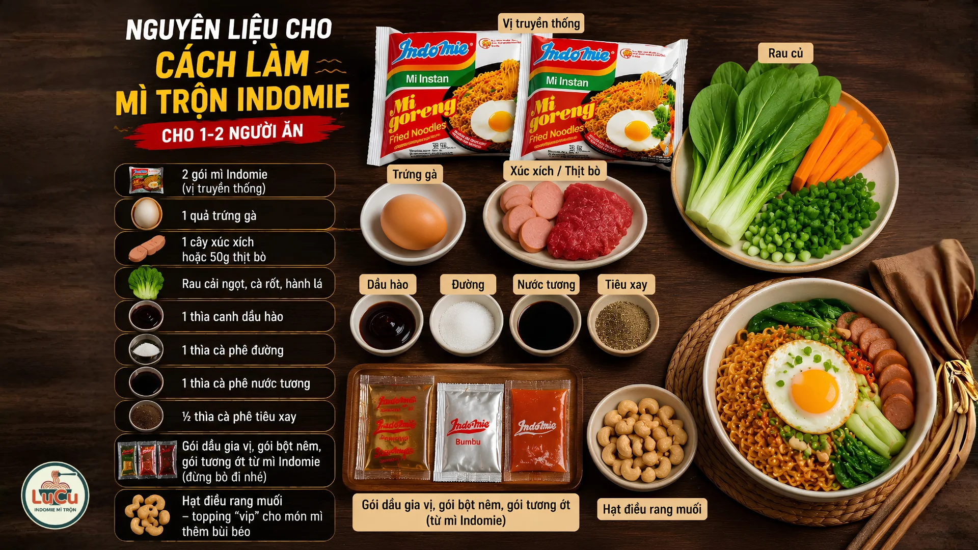 Nguyên liệu cho cách làm mì trộn Indomie gồm mì, trứng, rau, xúc xích