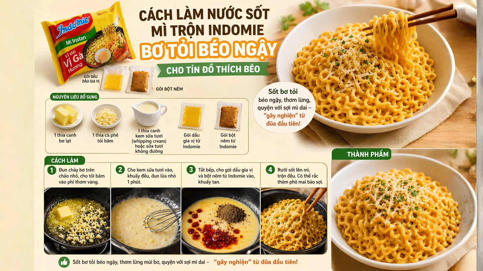 Cách làm nước sốt mì trộn Indomie bơ tỏi béo ngậy cho tín đồ thích béo