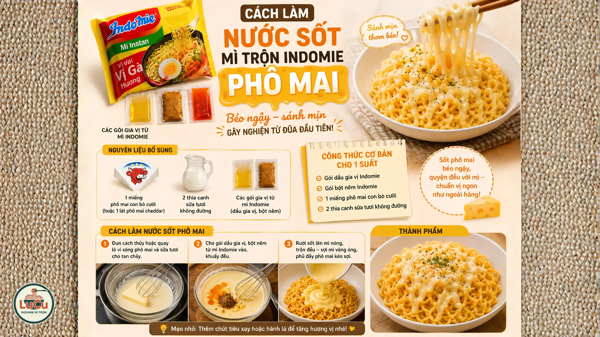 Cách làm nước sốt mì trộn Indomie phô mai béo ngậy, sánh mịn