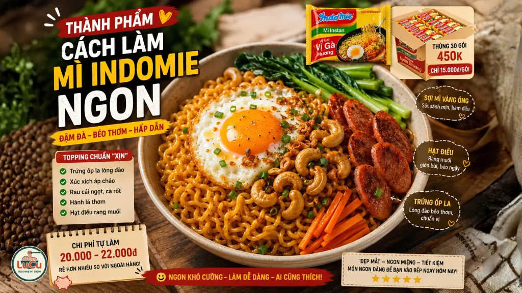 Thành phẩm cách làm mì Indomie ngon với topping trứng ốp la và hạt điều rang muối
